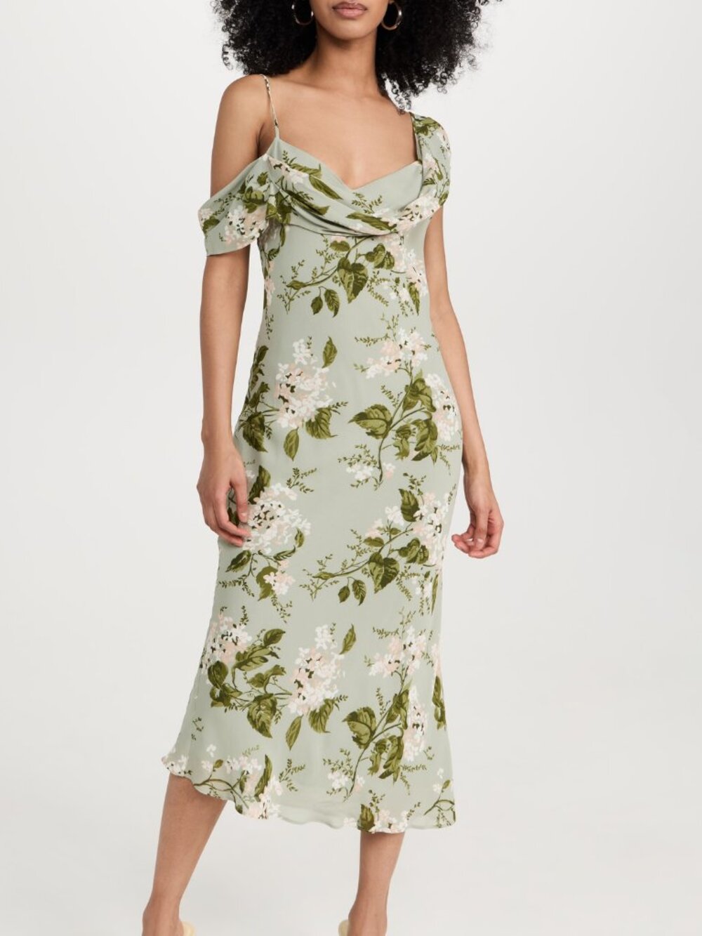 Reformation Reya Dress Floral Asymmetrical Midi Tea Garden Green